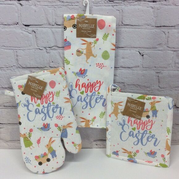 Happy Easter 3 Pc Kitchen Set Spring Pastel Blue Dish Towel/Pot Holder/Oven Mitt - Picture 1 of 9